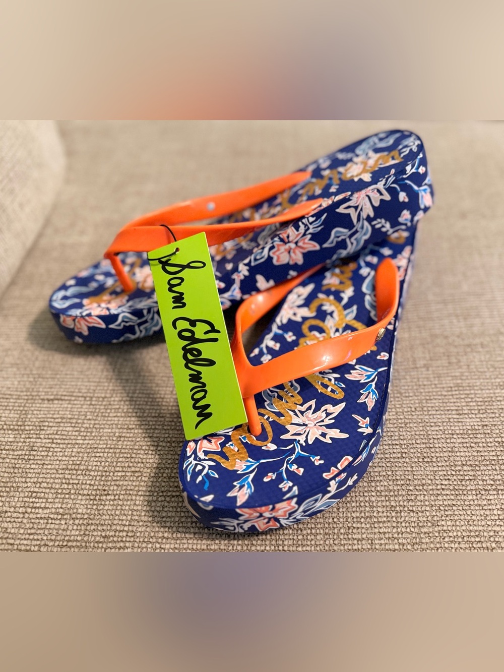 Sam Edelman Navy Floral Platform Sandals with Orange Straps